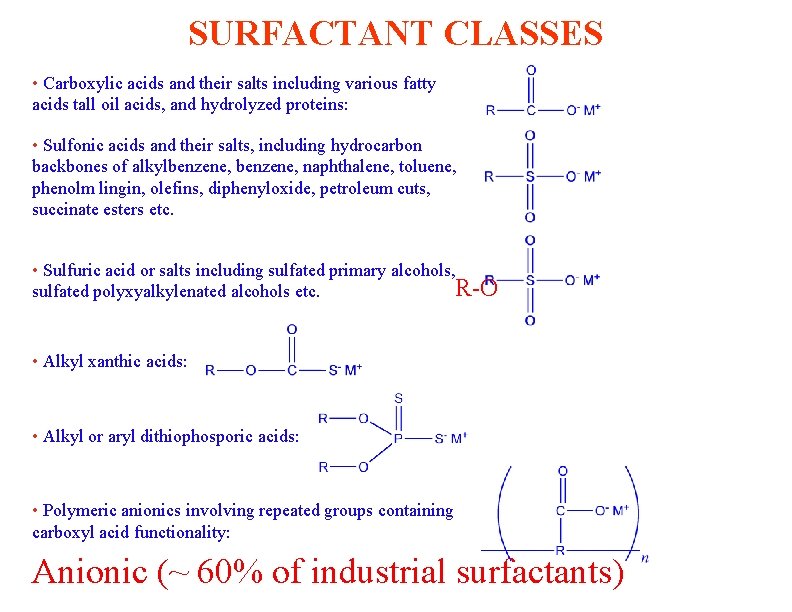 SURFACTANT CLASSES • Carboxylic acids and their salts including various fatty acids tall oil