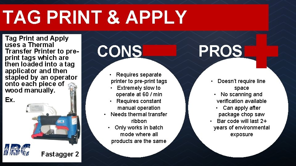 TAG PRINT & APPLY Tag Print and Apply uses a Thermal Transfer Printer to