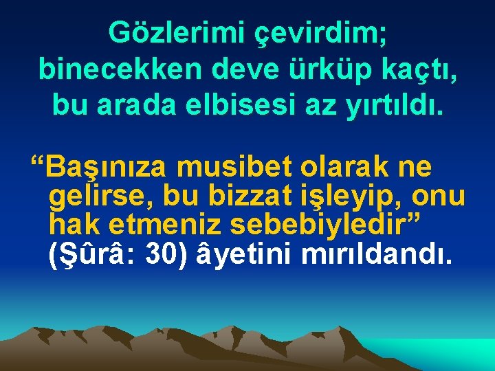 Gözlerimi çevirdim; binecekken deve ürküp kaçtı, bu arada elbisesi az yırtıldı. “Başınıza musibet olarak