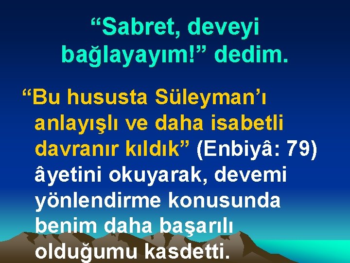 “Sabret, deveyi bağlayayım!” dedim. “Bu hususta Süleyman’ı anlayışlı ve daha isabetli davranır kıldık” (Enbiyâ: