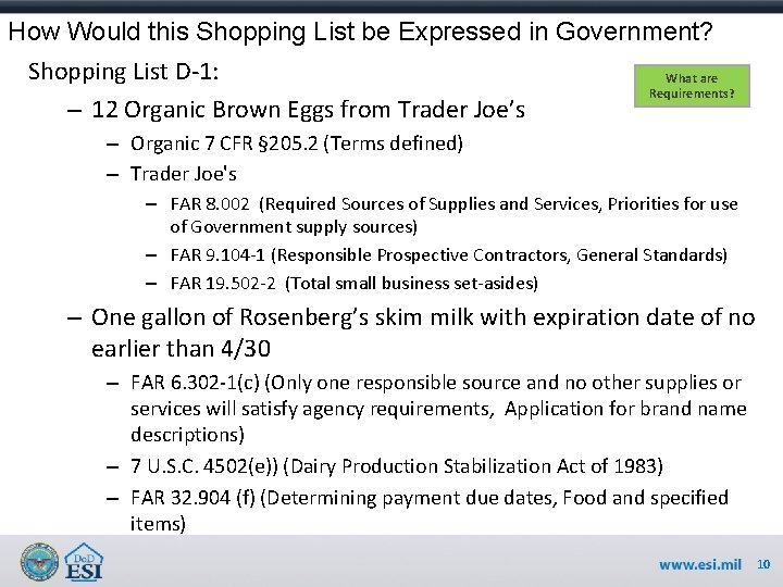 How Would this Shopping List be Expressed in Government? Shopping List D-1: What are