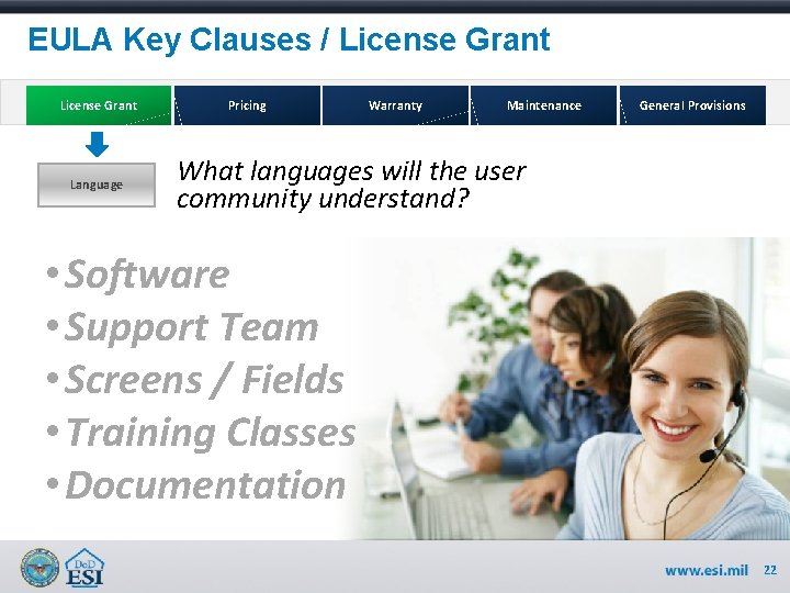 EULA Key Clauses / License Grant Language Pricing Warranty Maintenance General Provisions What languages