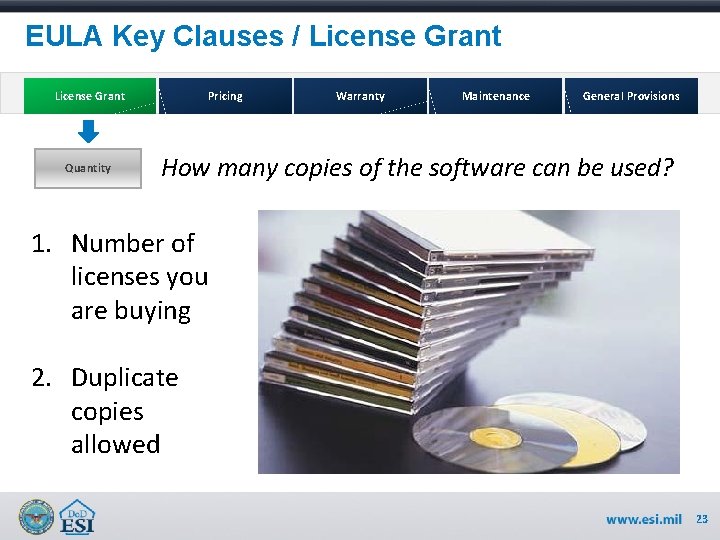 EULA Key Clauses / License Grant Quantity Pricing Warranty Maintenance General Provisions How many