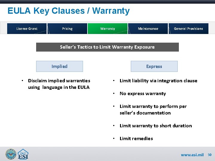 EULA Key Clauses / Warranty License Grant Pricing Warranty Maintenance General Provisions Seller’s Tactics