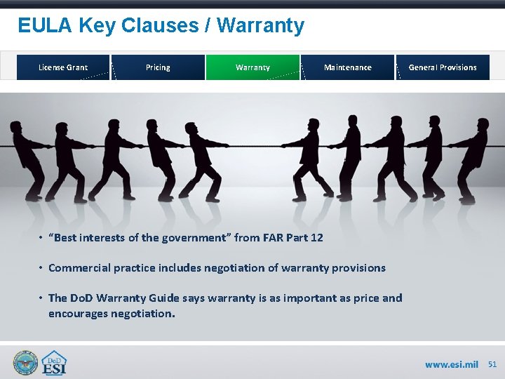 EULA Key Clauses / Warranty License Grant Pricing Warranty Maintenance General Provisions • “Best