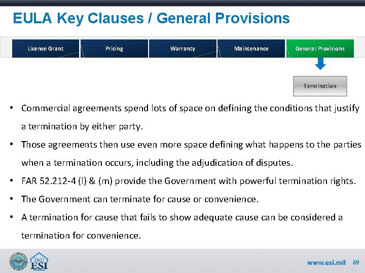 EULA Key Clauses / General Provisions License Grant Pricing Warranty Maintenance General Provisions Termination