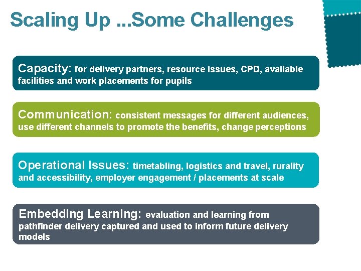 Scaling Up. . . Some Challenges Capacity: for delivery partners, resource issues, CPD, available Scaling Up. . . Some Challenges Capacity: for delivery partners, resource issues, CPD, available