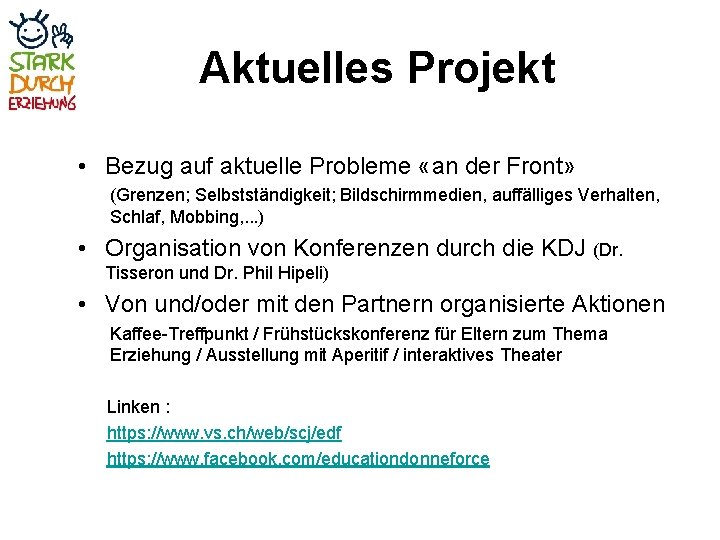 Aktuelles Projekt • Bezug auf aktuelle Probleme «an der Front» (Grenzen; Selbstständigkeit; Bildschirmmedien, auffälliges