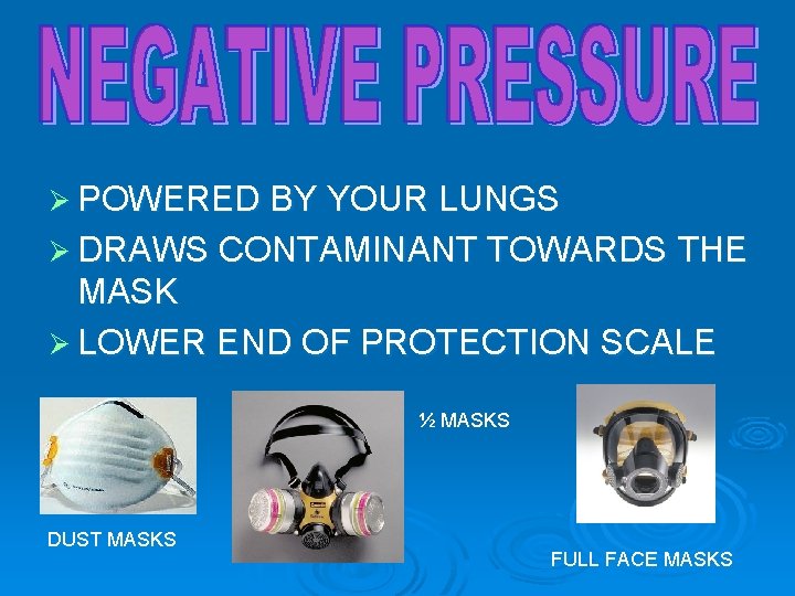 Ø POWERED BY YOUR LUNGS Ø DRAWS CONTAMINANT TOWARDS THE MASK Ø LOWER END