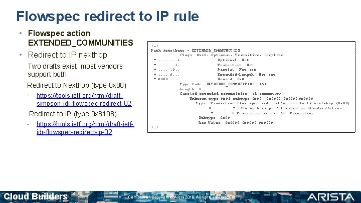 Flowspec redirect to IP rule • Flowspec action EXTENDED_COMMUNITIES • Redirect to IP nexthop