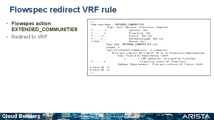 Flowspec redirect VRF rule • Flowspec action EXTENDED_COMMUNITIES • Redirect to VRF Cloud Builders