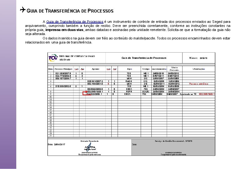 QGUIA DE TRANSFERÊNCIA DE PROCESSOS A Guia de Transferência de Processos é um instrumento