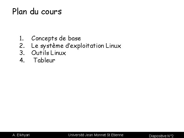 Plan du cours 1. 2. 3. 4. A. Elkhyari Concepts de base Le système