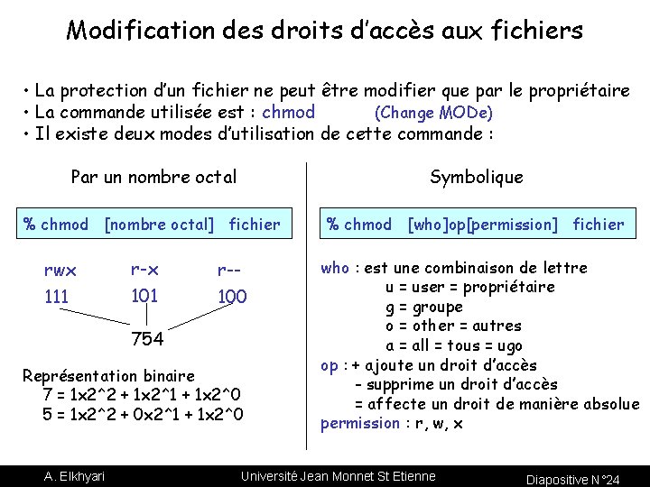 Modification des droits d’accès aux fichiers • La protection d’un fichier ne peut être