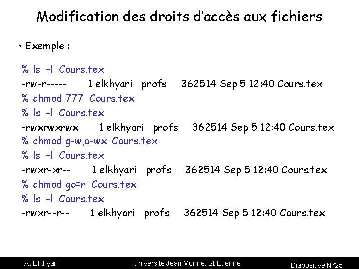 Modification des droits d’accès aux fichiers • Exemple : % ls –l Cours. tex