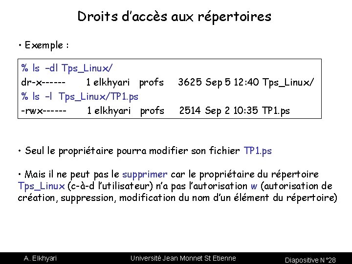 Droits d’accès aux répertoires • Exemple : % ls –dl Tps_Linux/ dr-x-----1 elkhyari profs