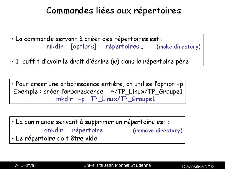 Commandes liées aux répertoires • La commande servant à créer des répertoires est :