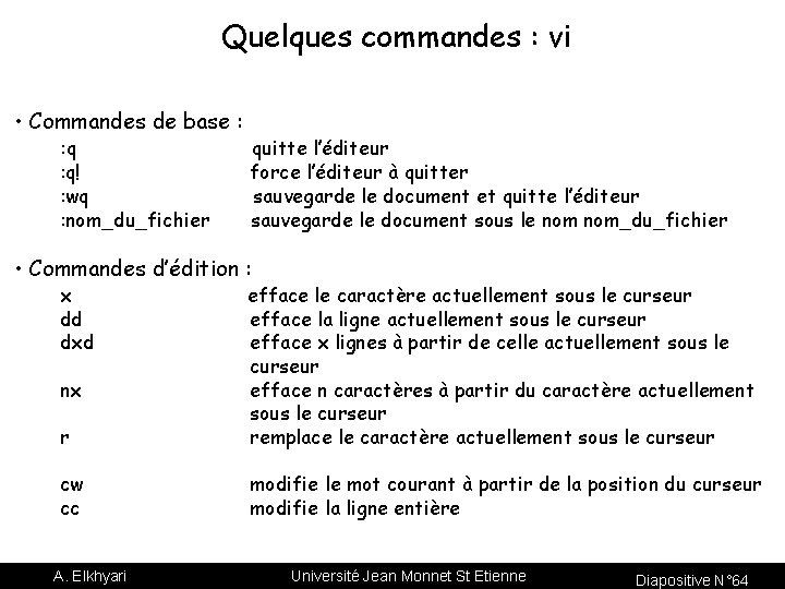 Quelques commandes : vi • Commandes de base : : q! : wq :