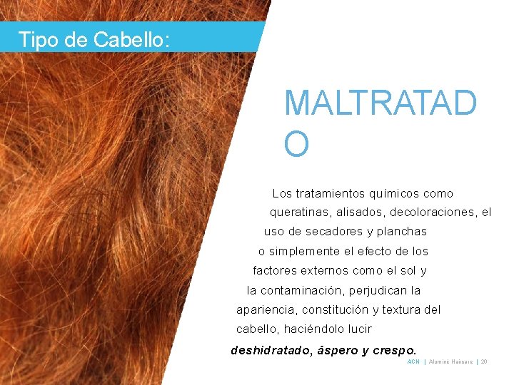 Tipo de Cabello: MALTRATAD O Los tratamientos químicos como queratinas, alisados, decoloraciones, el uso