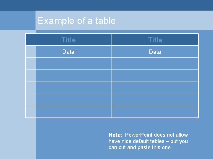 Example of a table Title Data Note: Power. Point does not allow have nice Example of a table Title Data Note: Power. Point does not allow have nice