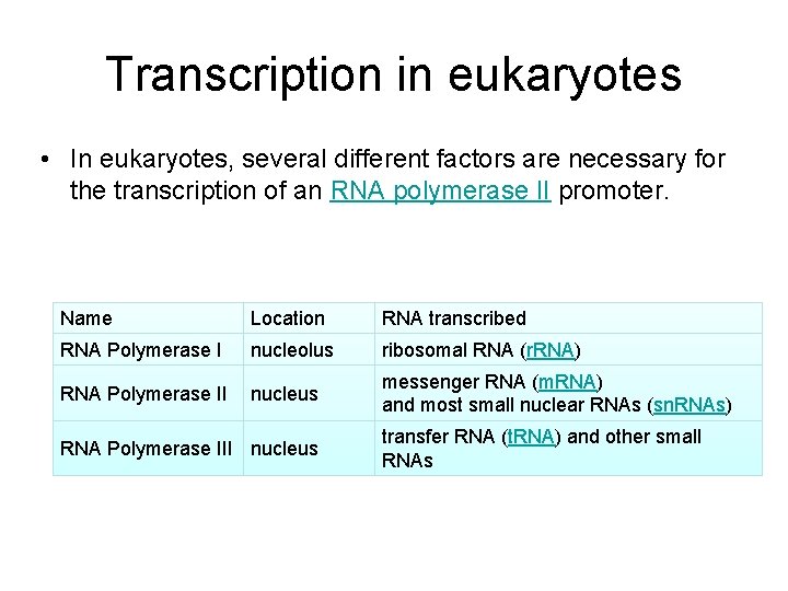 Transcription in eukaryotes • In eukaryotes, several different factors are necessary for the transcription