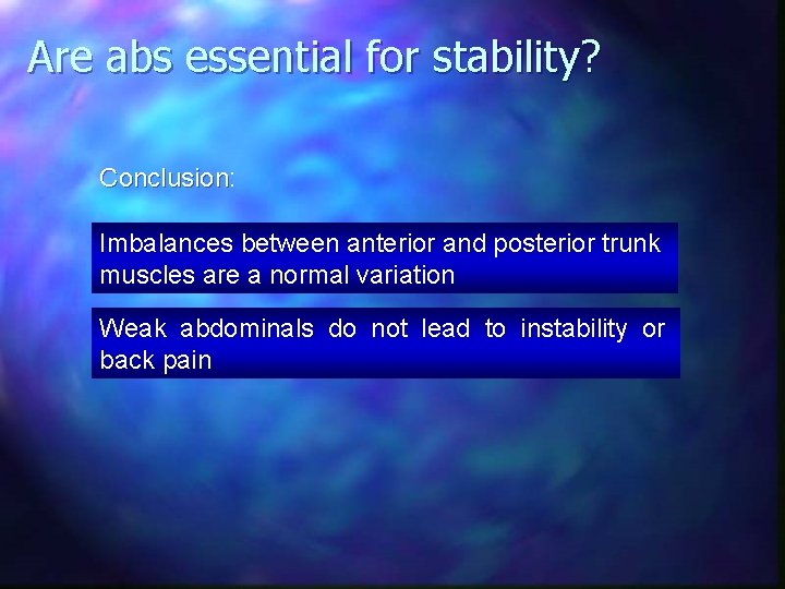 Are abs essential for stability? Conclusion: Conclusion Imbalances between anterior and posterior trunk muscles