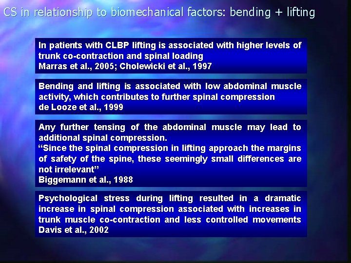 CS in relationship to biomechanical factors: bending + lifting In patients with CLBP lifting
