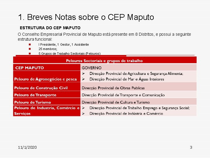 1. Breves Notas sobre o CEP Maputo ESTRUTURA DO CEP MAPUTO O Conselho Empresarial