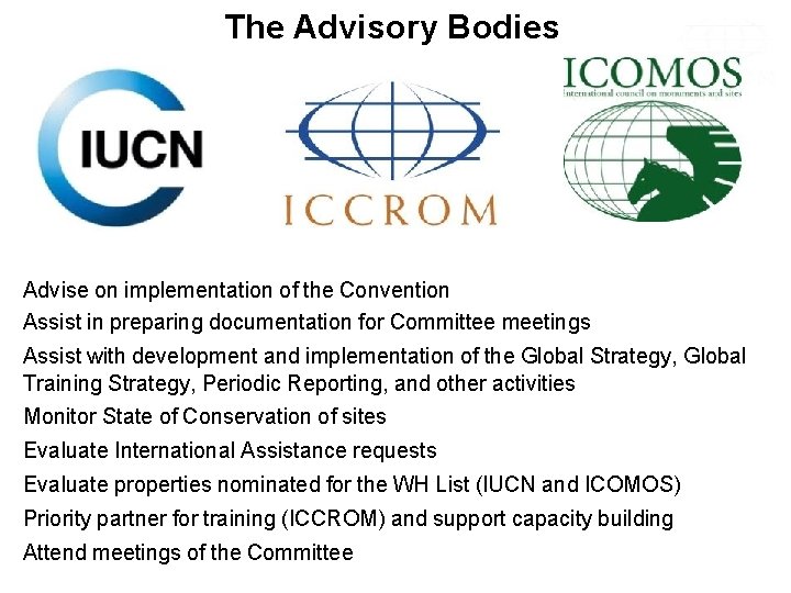 The Advisory Bodies Advise on implementation of the Convention Assist in preparing documentation for
