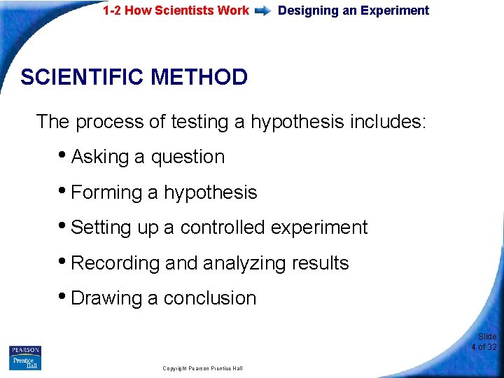 1 -2 How Scientists Work Designing an Experiment SCIENTIFIC METHOD The process of testing