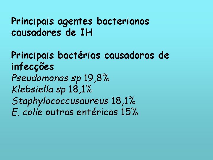 Principais agentes bacterianos causadores de IH Principais bactérias causadoras de infecções Pseudomonas sp 19,