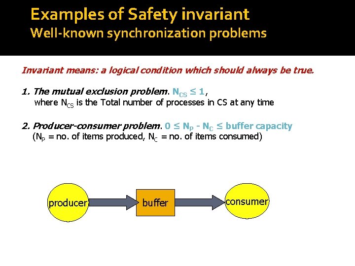 Examples of Safety invariant Well-known synchronization problems Invariant means: a logical condition which should