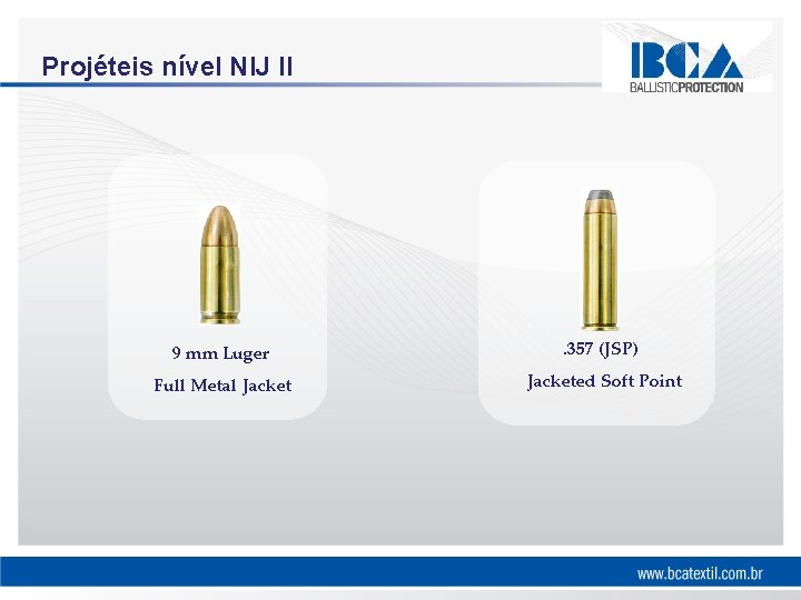 Projéteis nível NIJ II 9 mm Luger . 357 (JSP) Full Metal Jacketed Soft