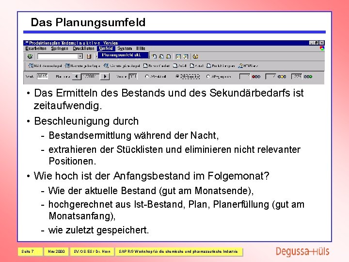 Das Planungsumfeld • Das Ermitteln des Bestands und des Sekundärbedarfs ist zeitaufwendig. • Beschleunigung