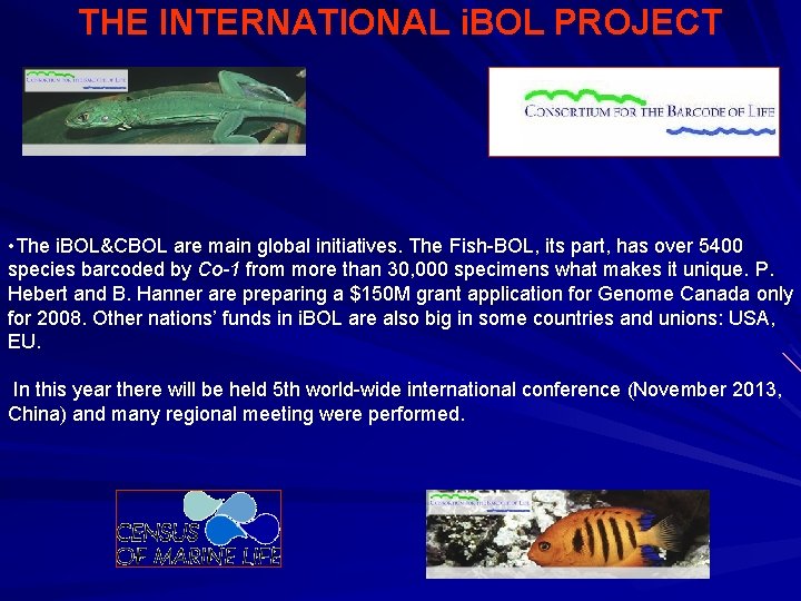 THE INTERNATIONAL i. BOL PROJECT • The i. BOL&CBOL are main global initiatives. The