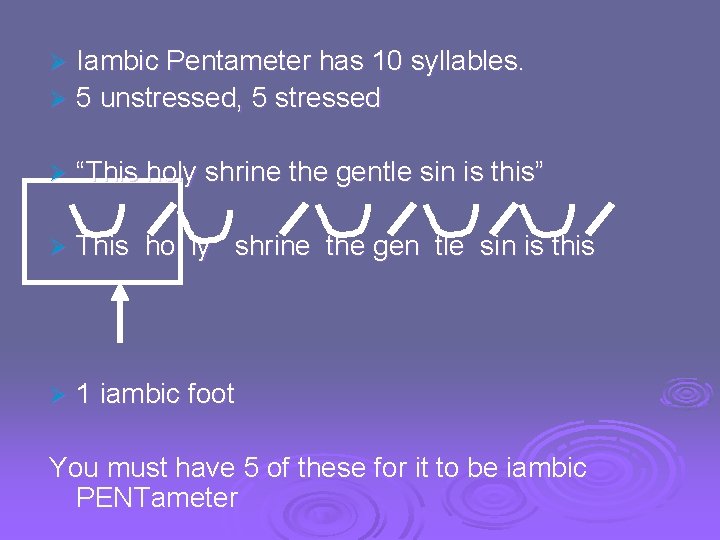 Iambic Pentameter has 10 syllables. Ø 5 unstressed, 5 stressed Ø Ø “This holy