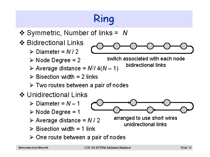 Ring v Symmetric, Number of links = N v Bidirectional Links Ø Diameter =