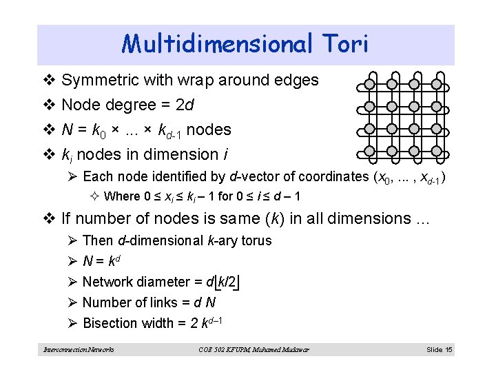 Multidimensional Tori v Symmetric with wrap around edges v Node degree = 2 d