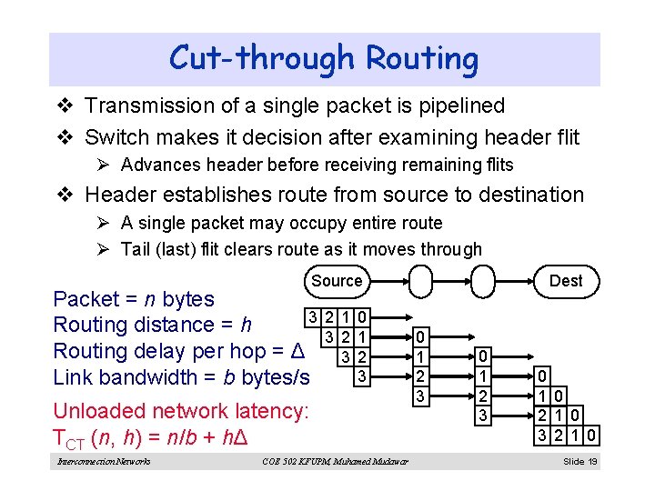 Cut-through Routing v Transmission of a single packet is pipelined v Switch makes it