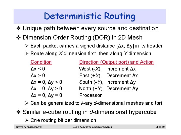 Deterministic Routing v Unique path between every source and destination v Dimension-Order Routing (DOR)