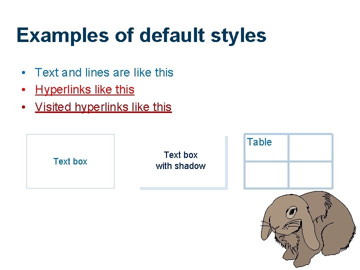 Examples of default styles • Text and lines are like this • Hyperlinks like