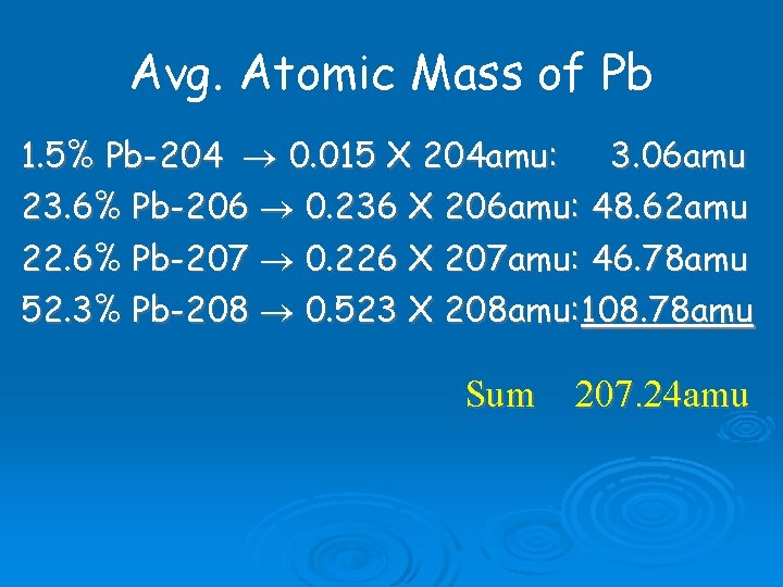 Avg. Atomic Mass of Pb 1. 5% Pb-204 0. 015 X 204 amu: 3.