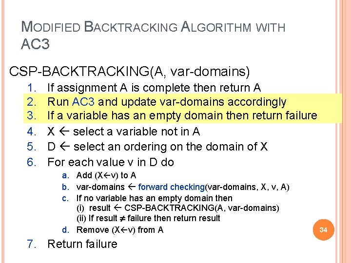 MODIFIED BACKTRACKING ALGORITHM WITH AC 3 CSP-BACKTRACKING(A, var-domains) 1. 2. 3. 4. 5. 6.