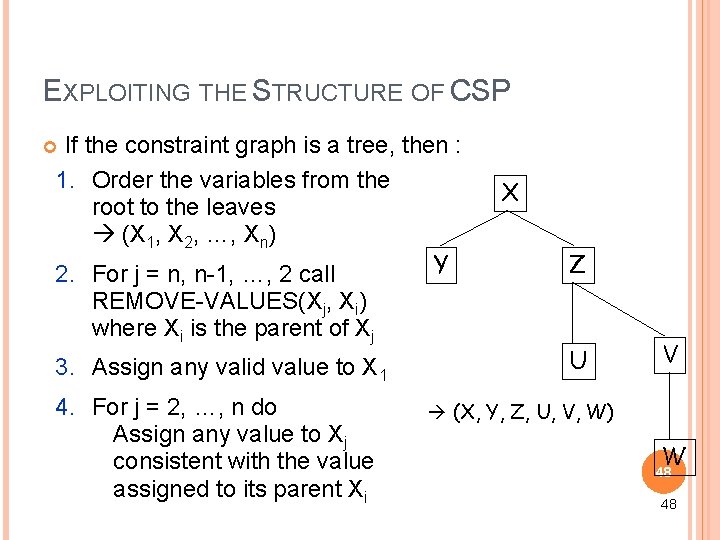 EXPLOITING THE STRUCTURE OF CSP If the constraint graph is a tree, then :