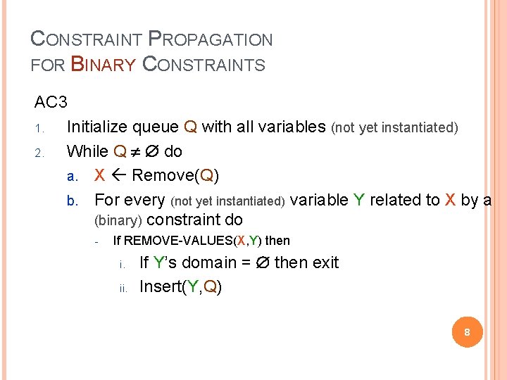 CONSTRAINT PROPAGATION FOR BINARY CONSTRAINTS AC 3 1. Initialize queue Q with all variables CONSTRAINT PROPAGATION FOR BINARY CONSTRAINTS AC 3 1. Initialize queue Q with all variables