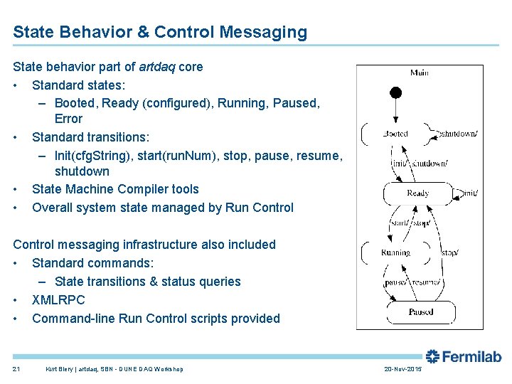 State Behavior & Control Messaging State behavior part of artdaq core • Standard states: