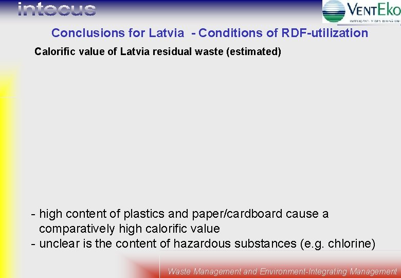 Conclusions for Latvia - Conditions of RDF-utilization Calorific value of Latvia residual waste (estimated)