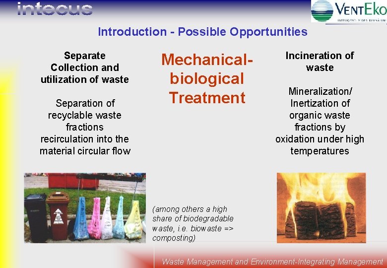 Introduction - Possible Opportunities Separate Collection and utilization of waste Separation of recyclable waste