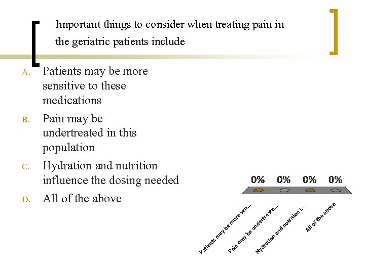 Important things to consider when treating pain in the geriatric patients include A. B.