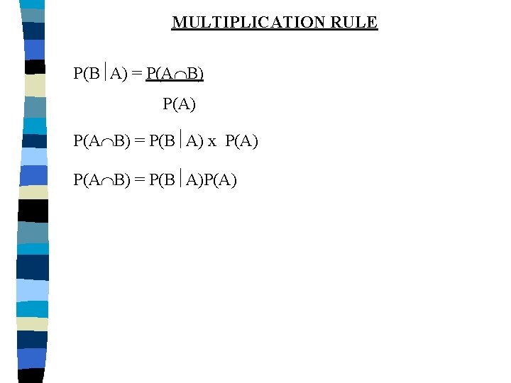 MULTIPLICATION RULE P(B A) = P(A B) = P(B A) x P(A) P(A B) MULTIPLICATION RULE P(B A) = P(A B) = P(B A) x P(A) P(A B)